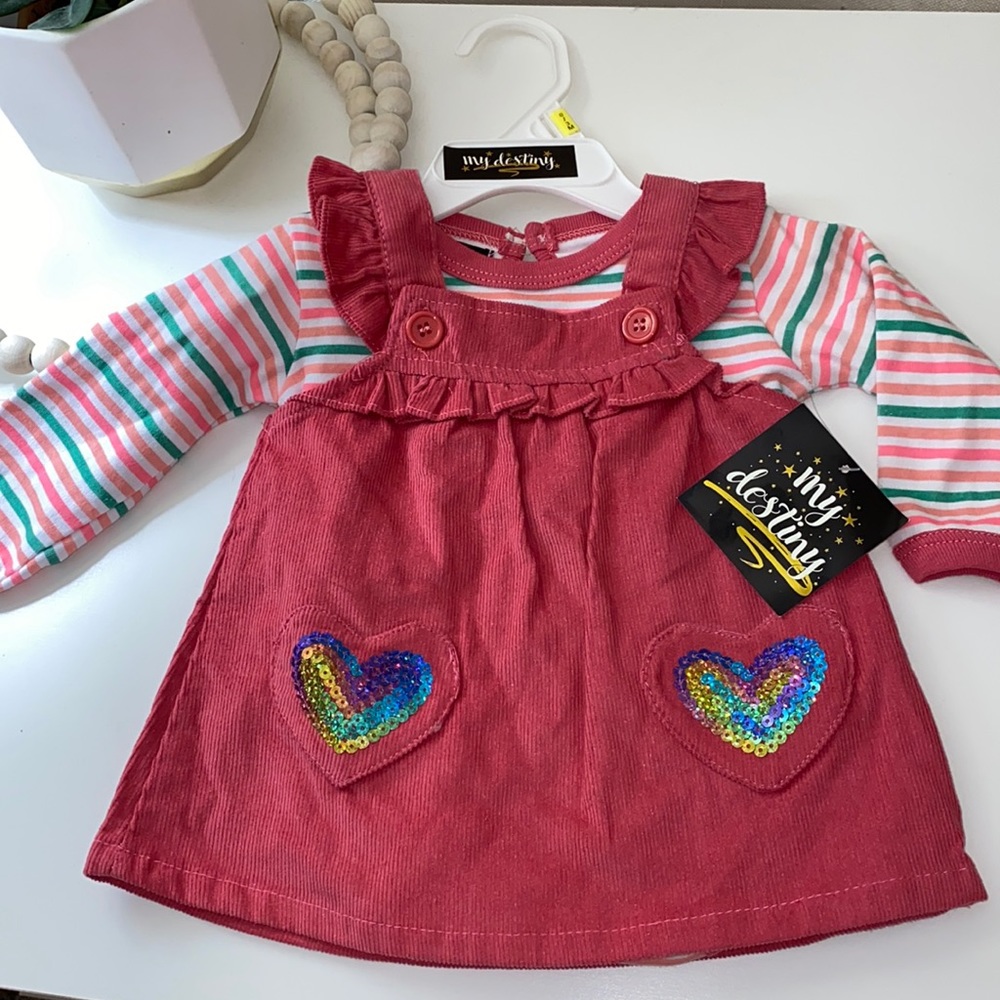 NWT Overall dress with stripes undershirt. Size 0-3 months.